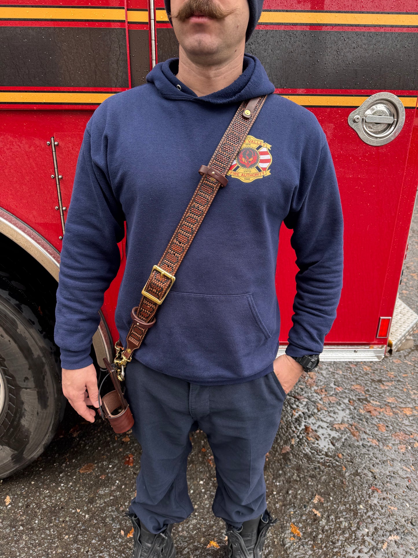 Custom Tooled Firefighter Radio Strap with Holster