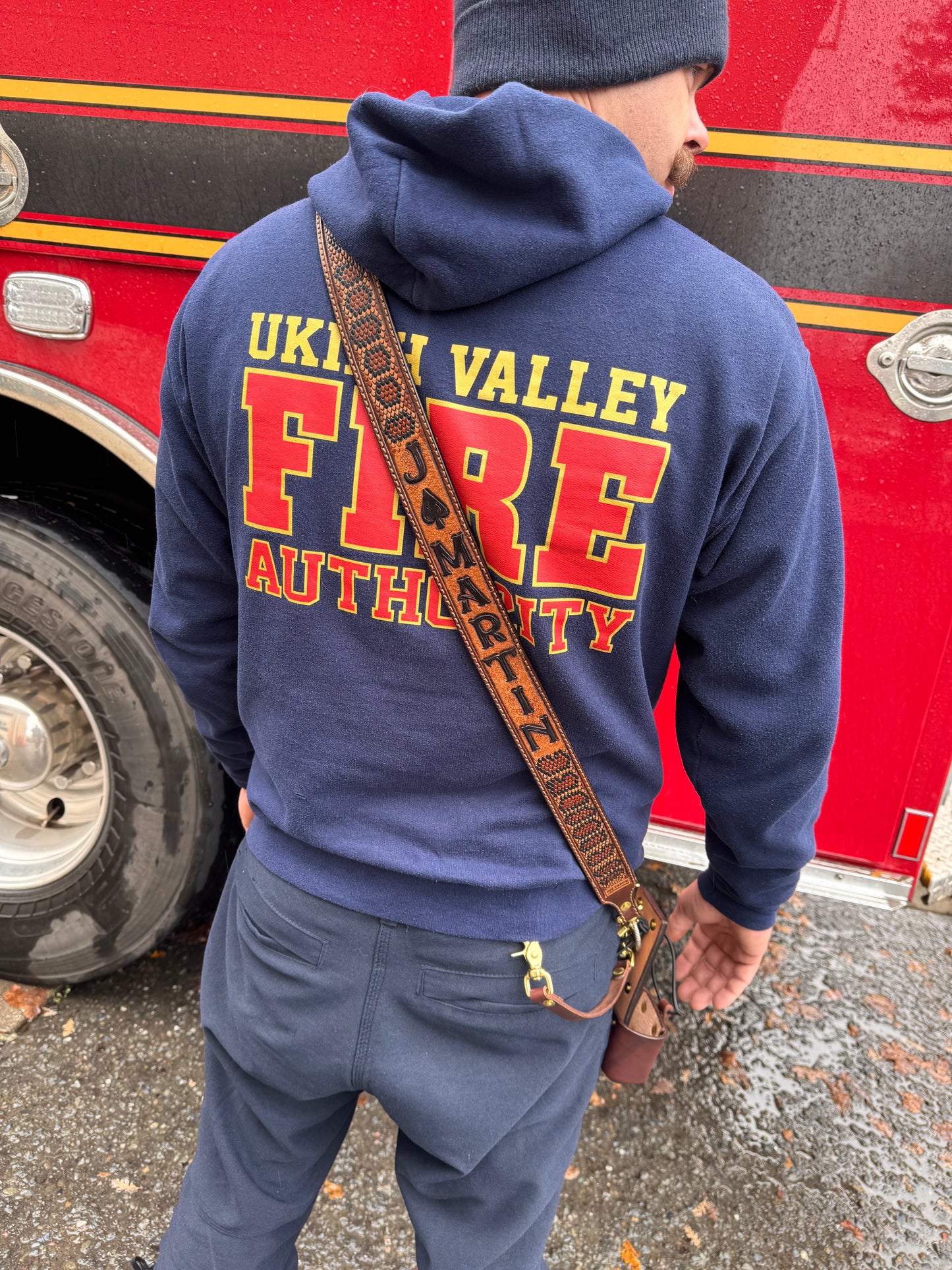 Custom Tooled Firefighter Radio Strap with Holster