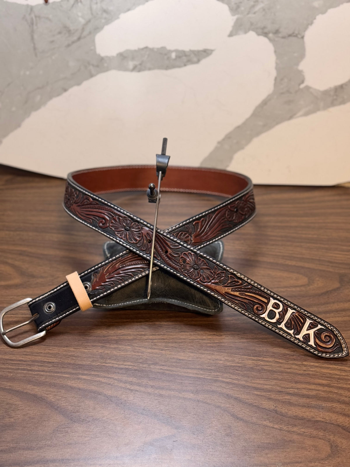 Custom Tooled Leather & Dichroic Glass Belt size L XL Custom Tooled Belt – Tru Blu Custom Leather and Saddlery main image 3